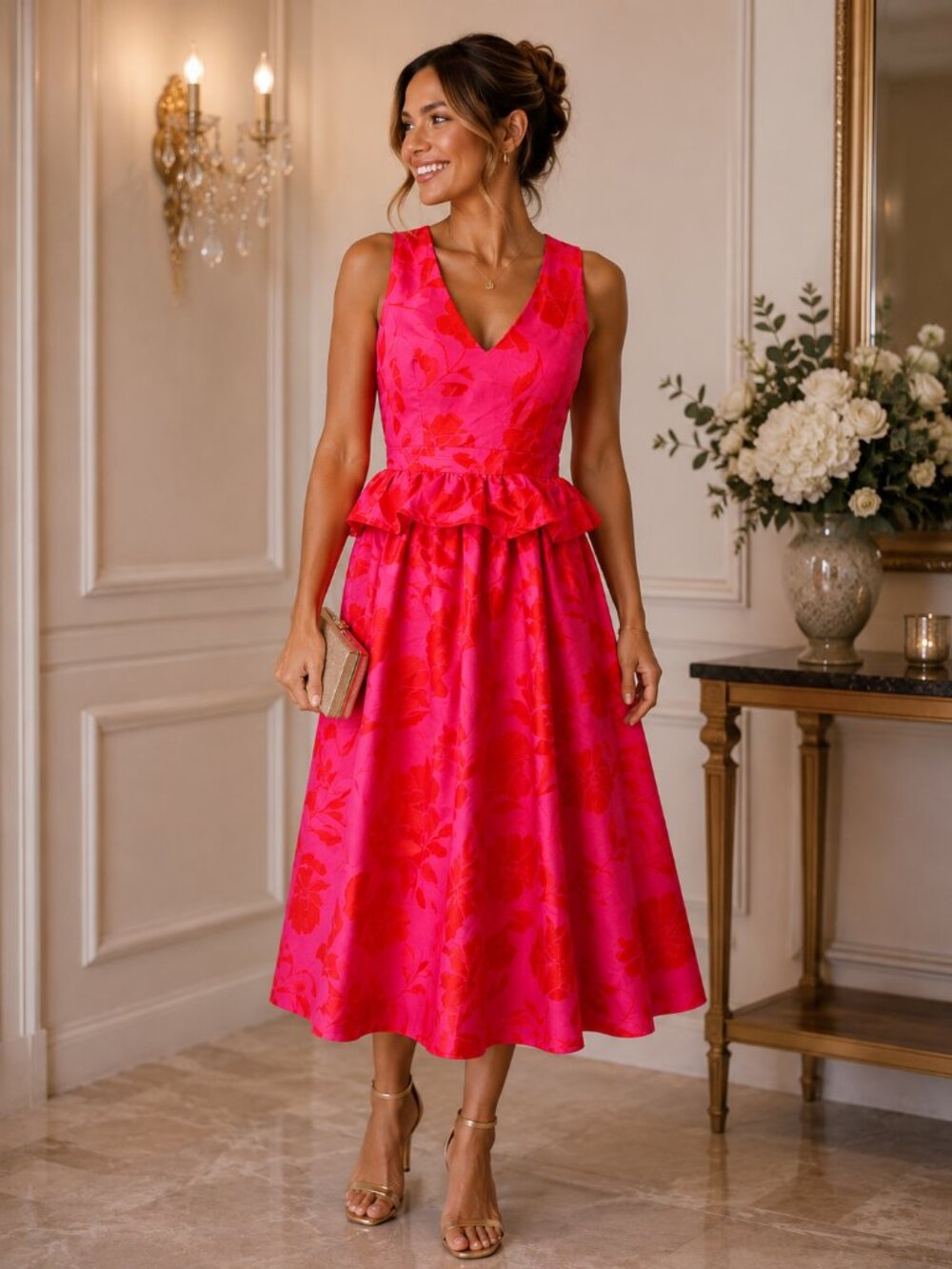 NWT Kate Spade x Target Rose Peplum Midi Dress Pink Red Floral Size 4 Pockets